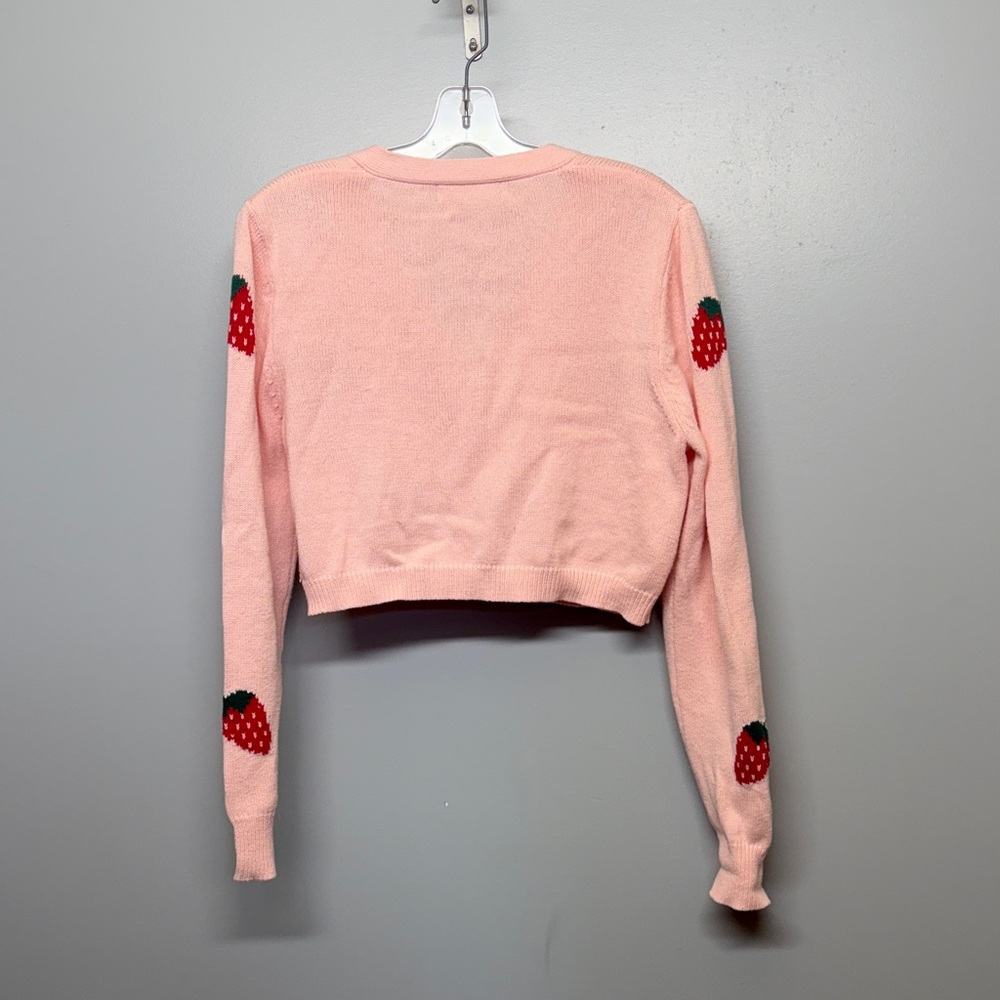 Y2K Inspired Strawberry Print Cotton Knit Crop Button Kawaii Coquette Cardigan - Picture 7 of 7